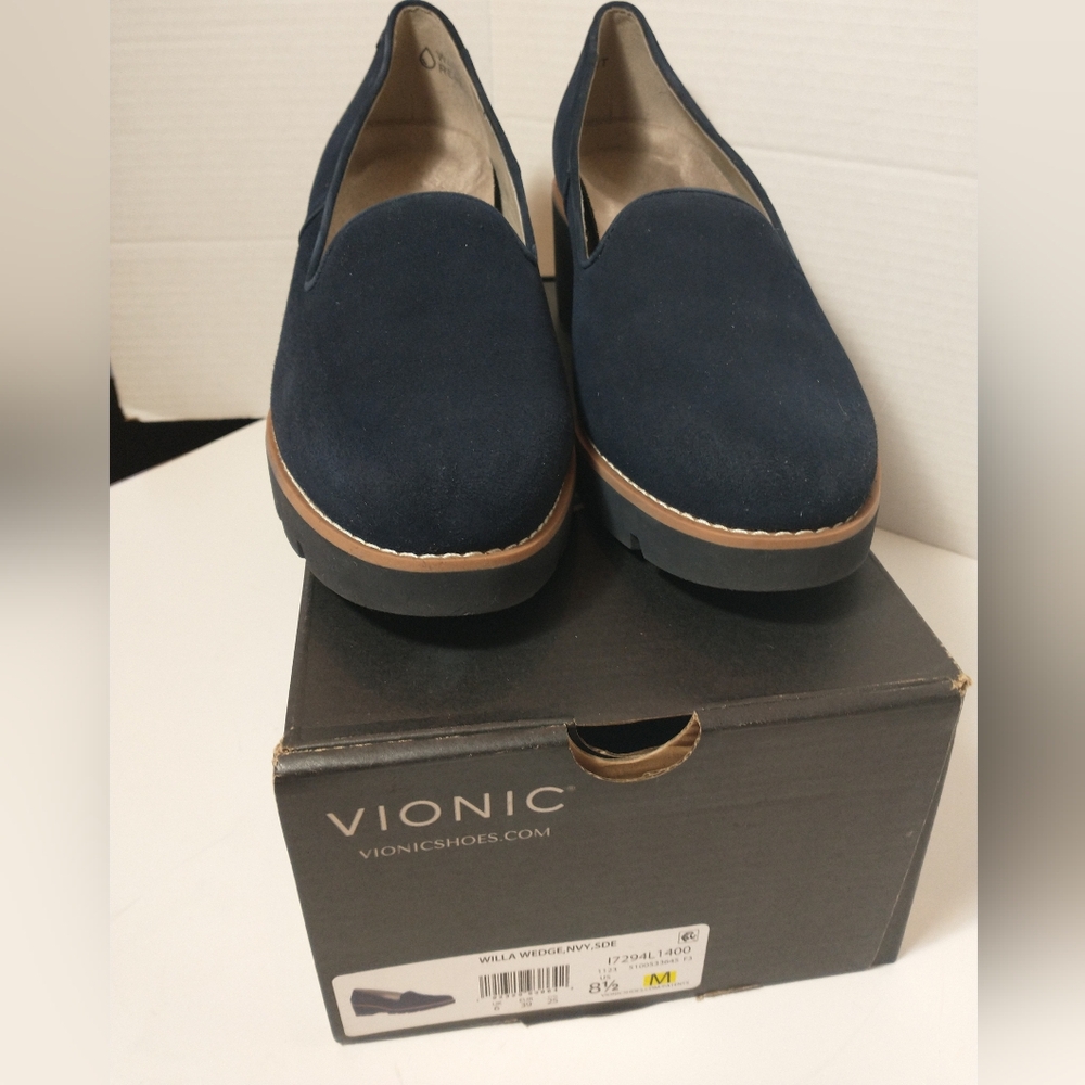 Like‎ NEW Vionic Willa Suede Wedge Slip On Loafer, Navy, Support, Women Size 8.5 - Picture 10 of 11